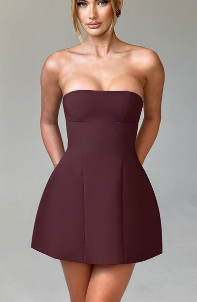 Burgundy strapless bubble mini dress with structured bodice