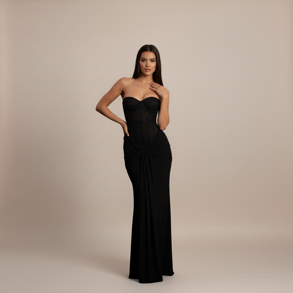 Black strapless formal maxi dress with structured corset bodice and floor-length skirt for women