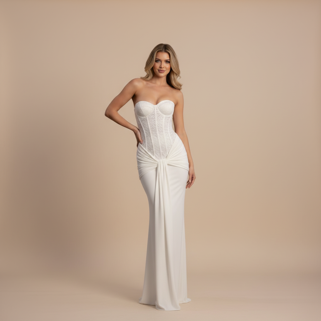 White strapless sweetheart corset maxi dress with ruched drape detail for women
