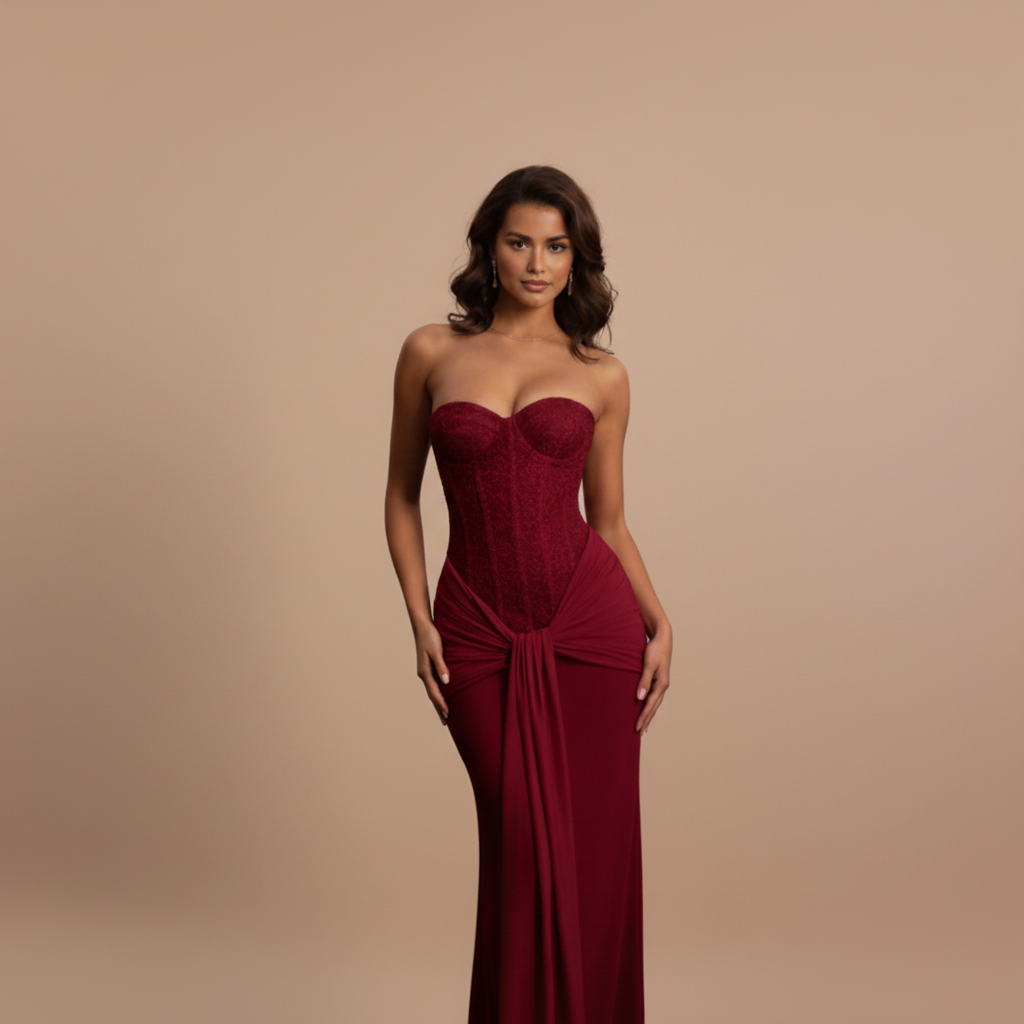 Burgundy strapless corset maxi dress with knotted hip ruching for formal occasions