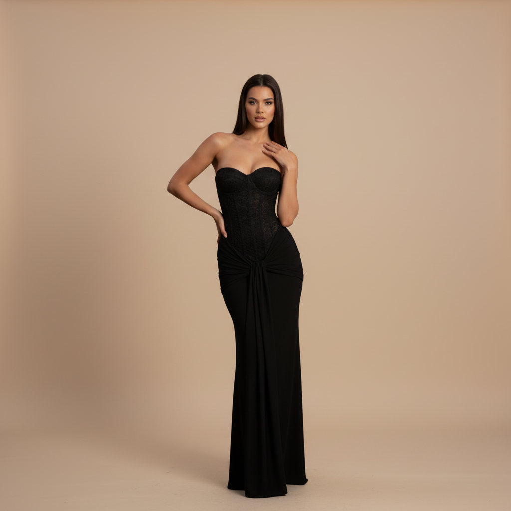 Black strapless corset maxi dress with sweetheart neckline and ruched hip knot for women