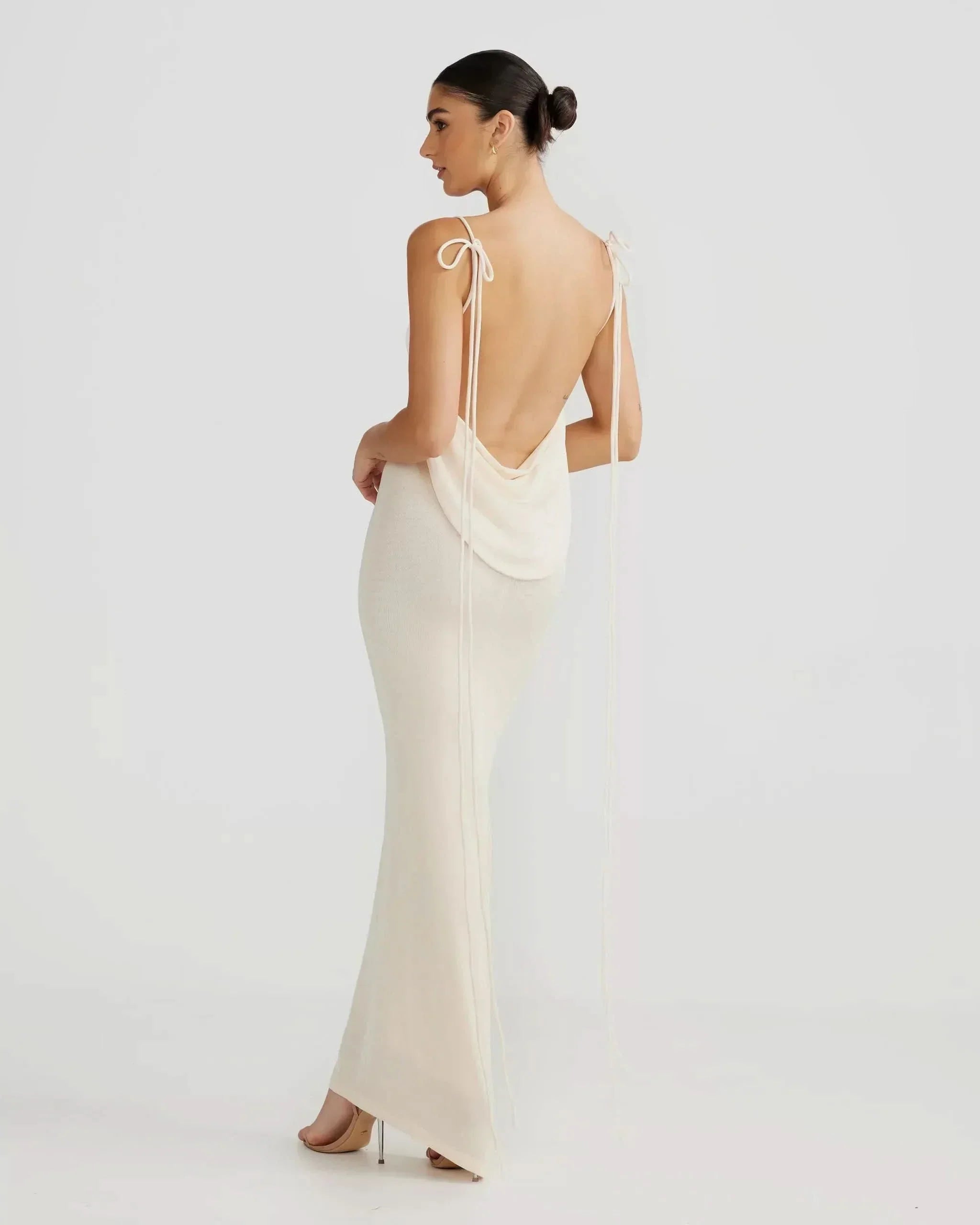 Cream sleeveless maxi dress with draped open back and adjustable ties for women