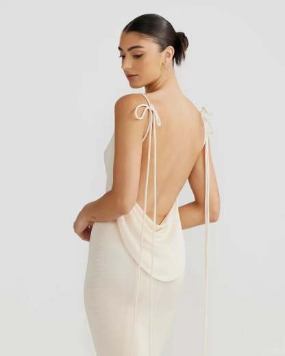 Cream cowl maxi dress with tie shoulder straps and low open back for women