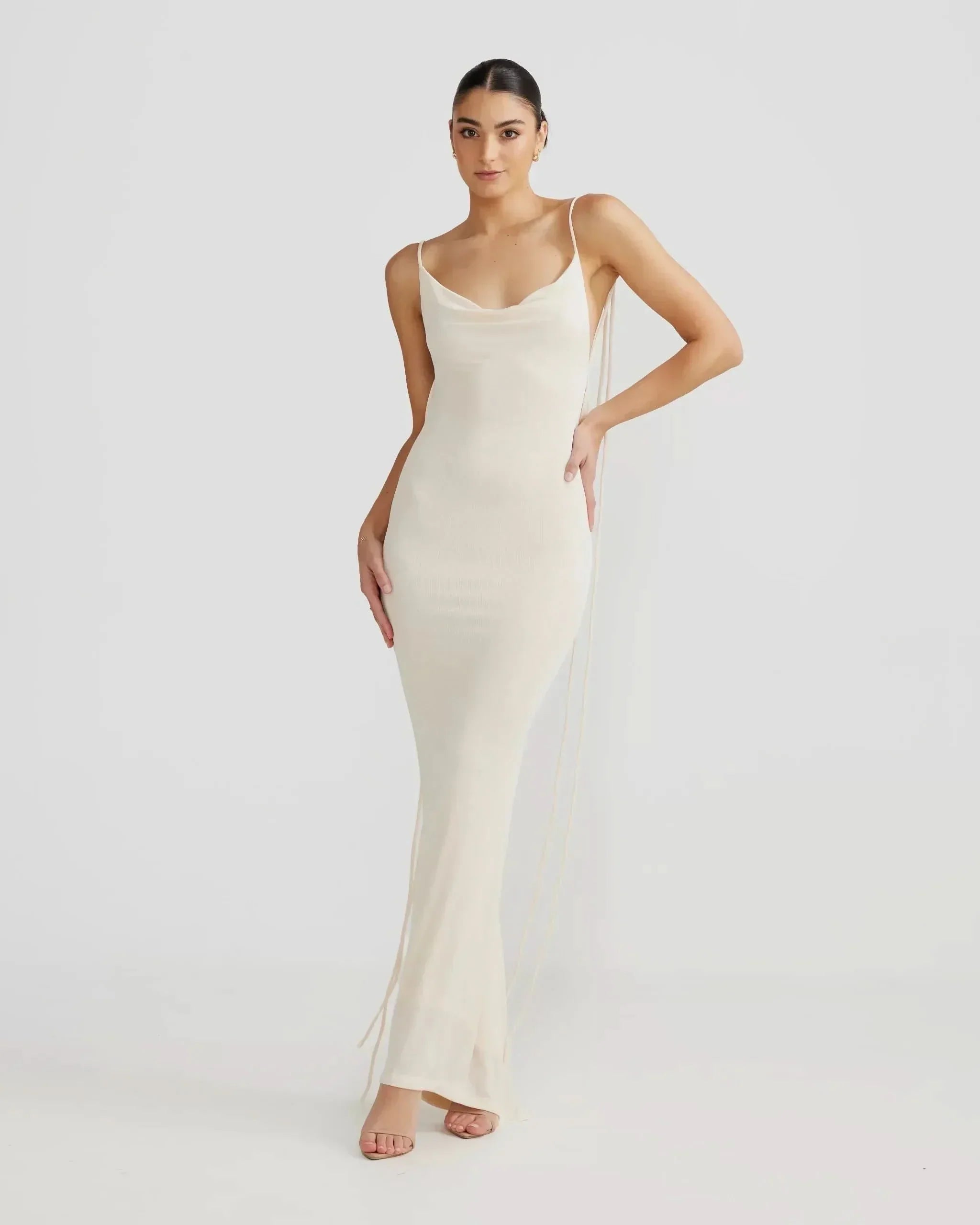 Cream cowl neck maxi dress with sleeveless design and body-skimming fit for women