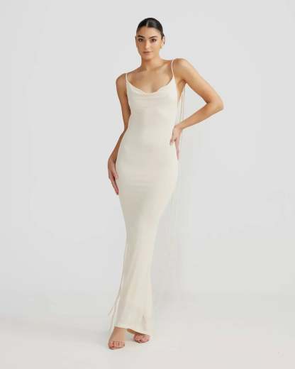 Cream cowl neck maxi dress with sleeveless design and body-skimming fit for women