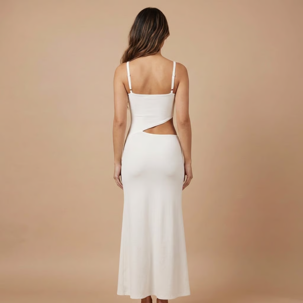 White ribbed cutout maxi dress with back cutout and thin straps