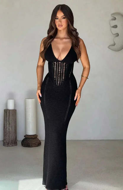 Black cutout maxi dress with v-neckline and lattice waist details