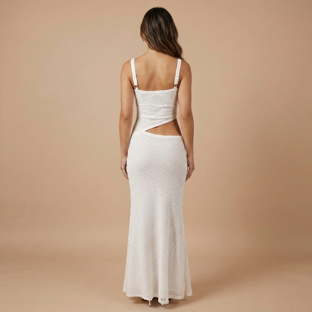 Back view of white textured maxi dress with square neckline and cutout detail
