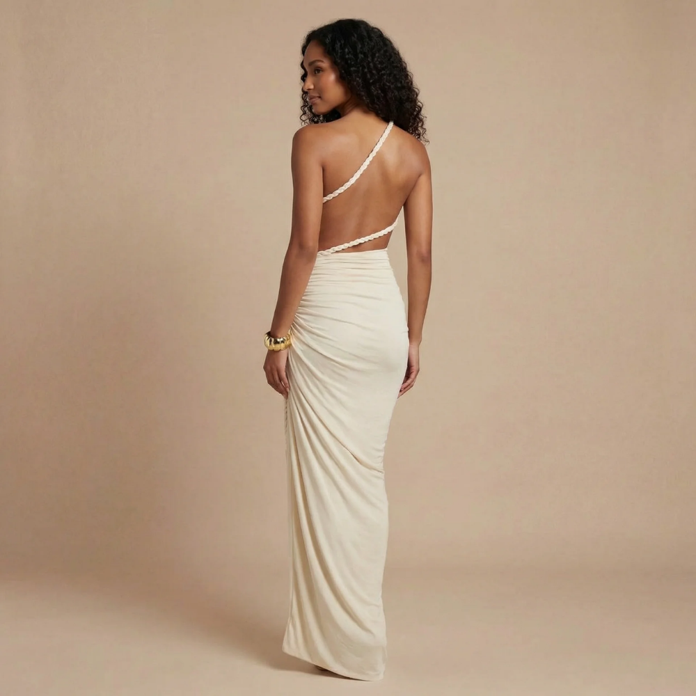 Backless ivory maxi dress with diagonal strap and ruched detailing for women