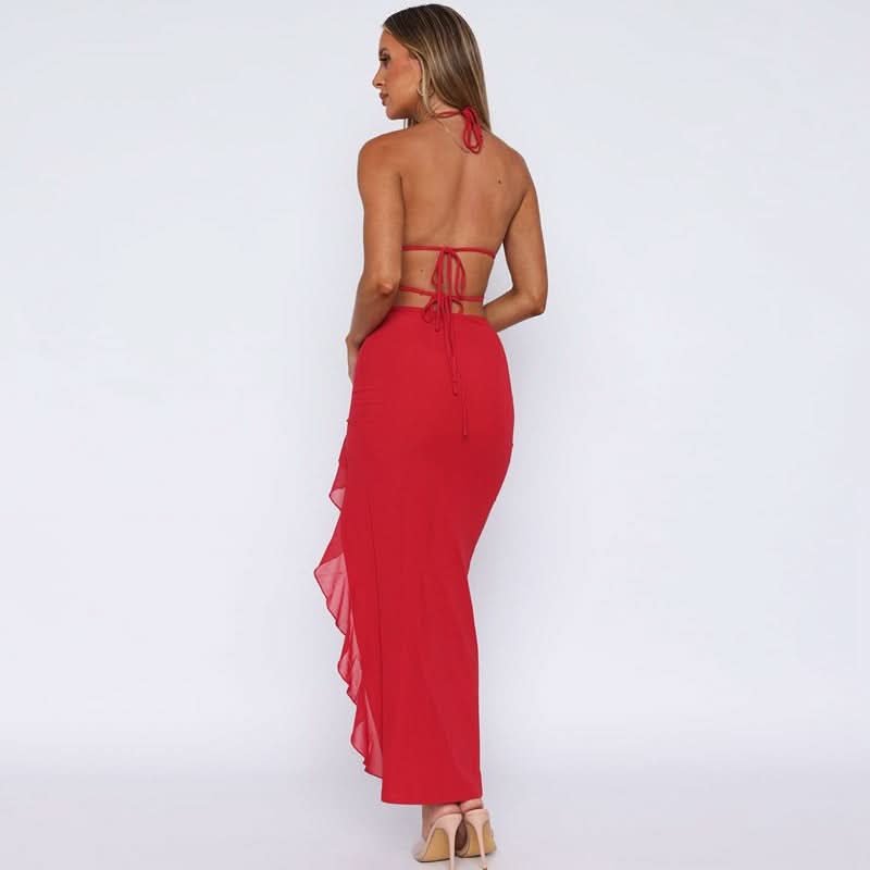 Back view of red maxi dress with open back and tie straps