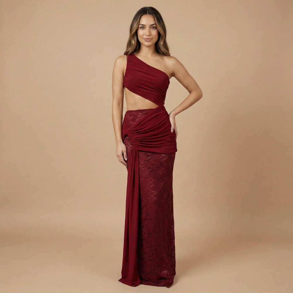 Burgundy one-shoulder lace maxi dress with strategic cutout and ruched wraparound for women