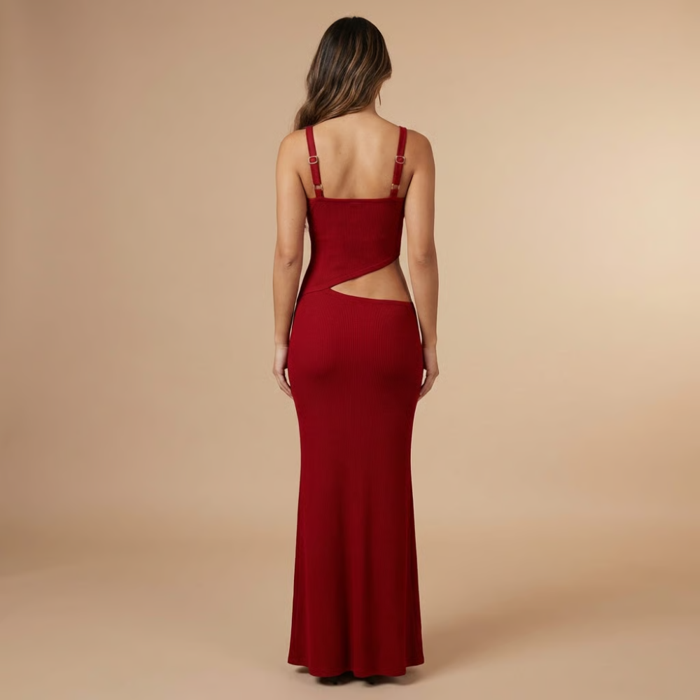 Back view of red cutout maxi dress with square neckline and lower back opening