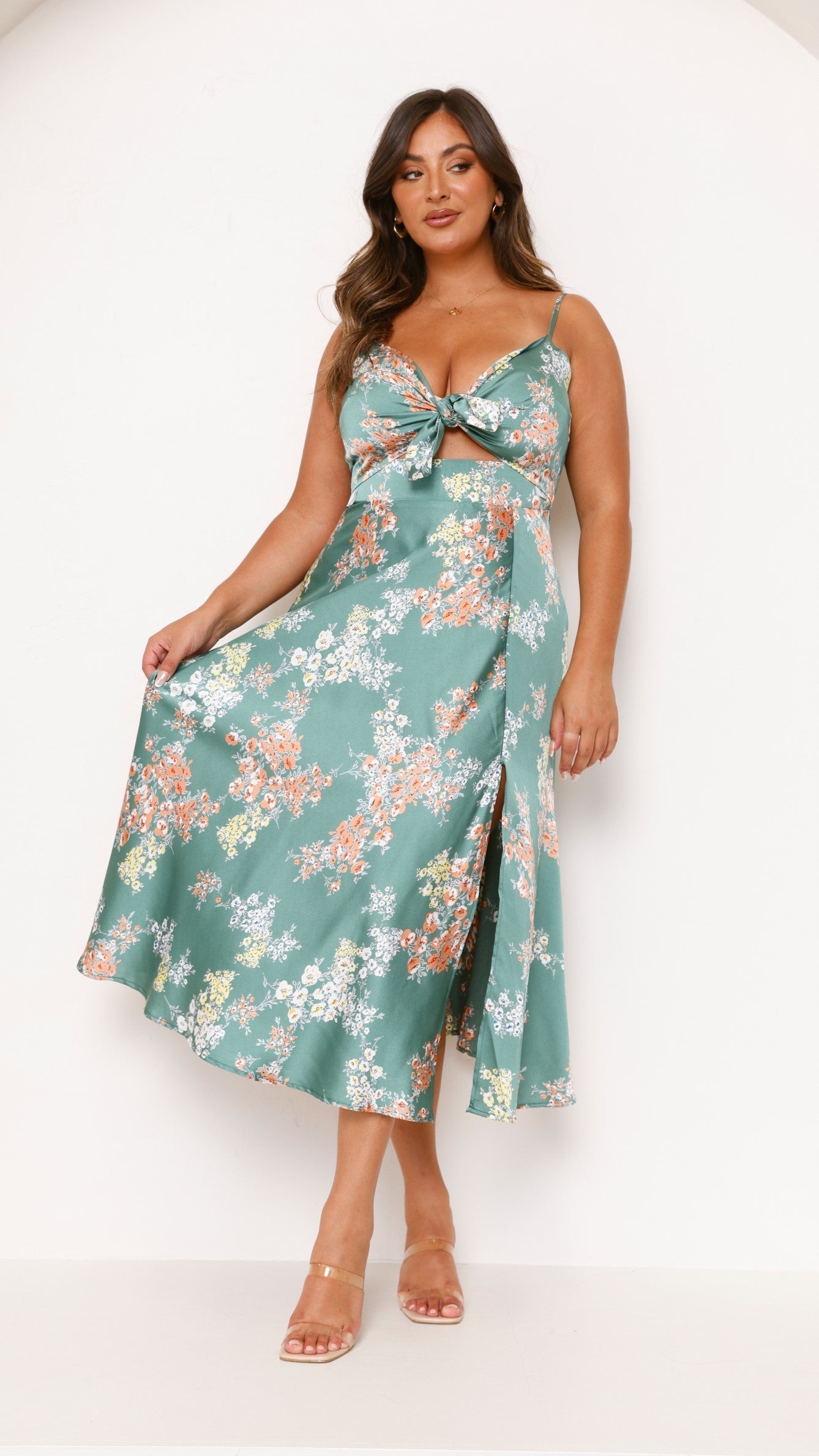 Green floral midi dress with tie-front cutout, full-length front view on white background