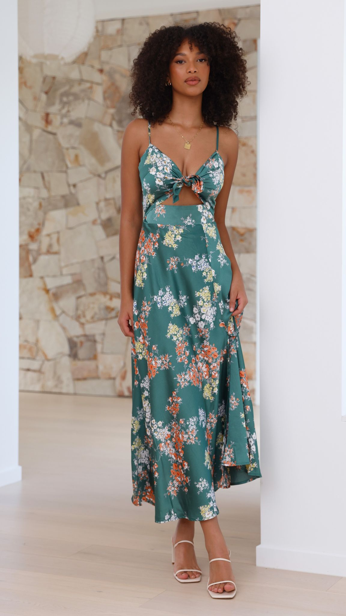 Green floral cutout midi dress with tied front and waist detail