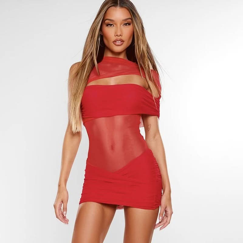 Red cutout mini dress with sheer mesh waist and off-shoulder wraparound neckline