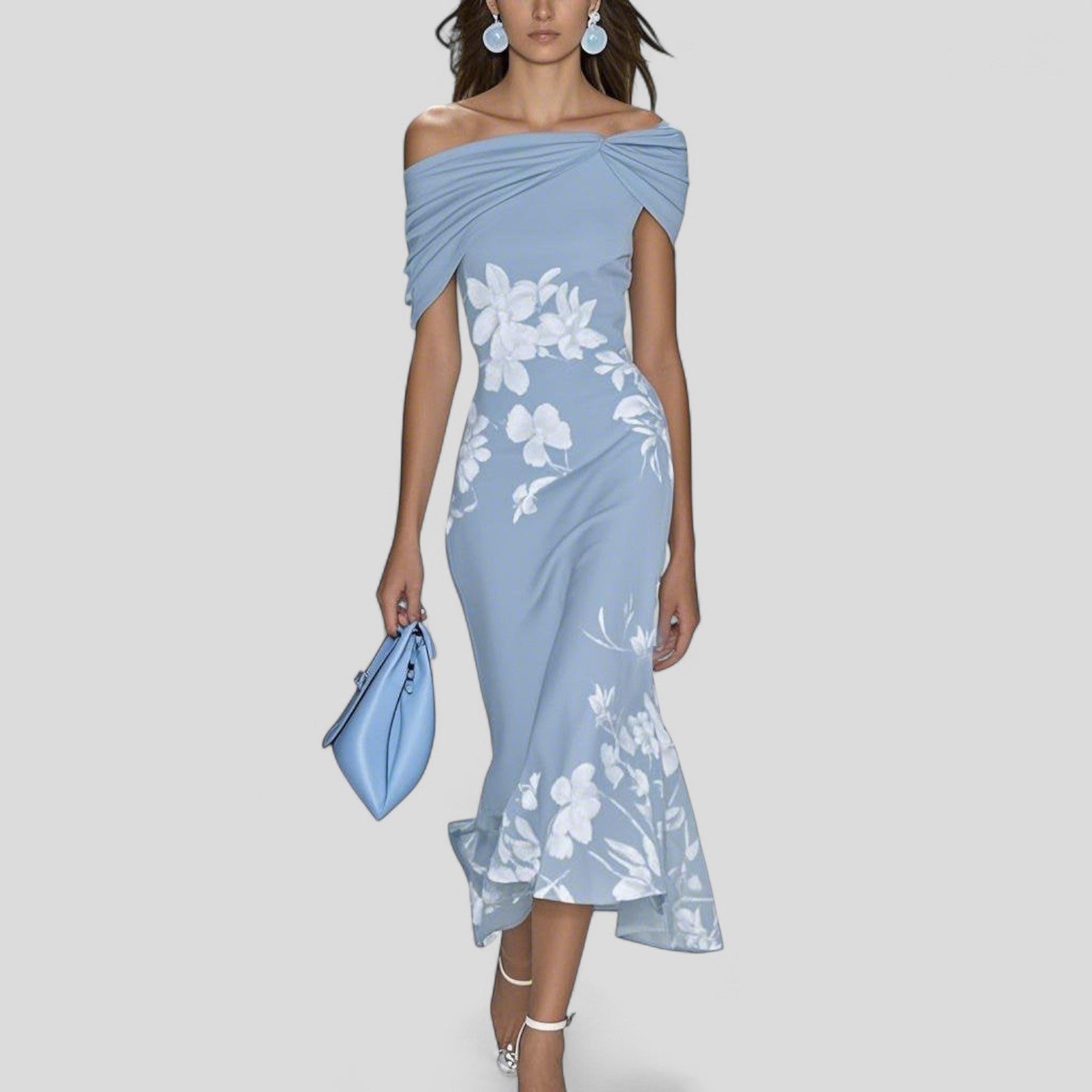 Slate blue floral off-shoulder draped midi dress with asymmetrical fluted hem for women