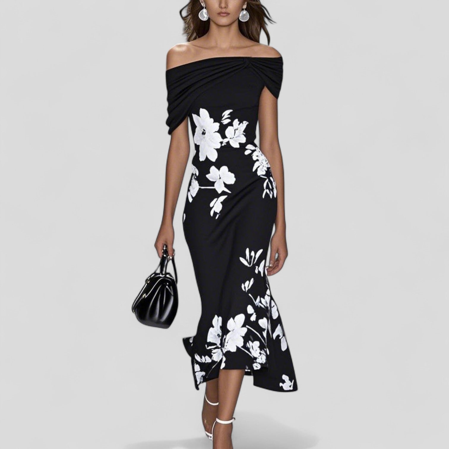 Black floral off-shoulder draped midi dress with white botanical print for women