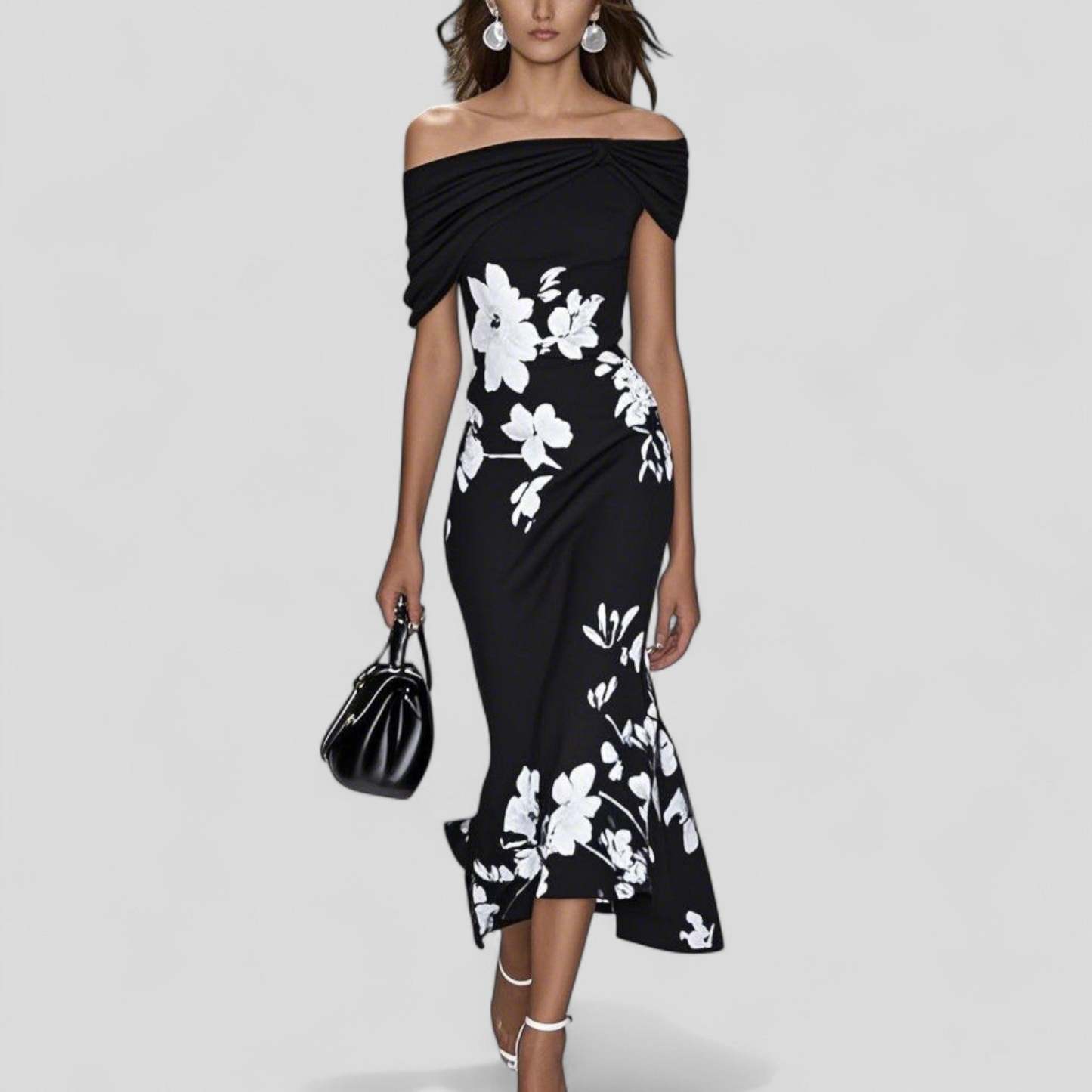 Black floral off-shoulder draped midi dress with white botanical print for women