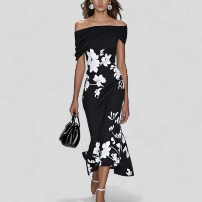 Black floral off-shoulder draped midi dress with white botanical print for women