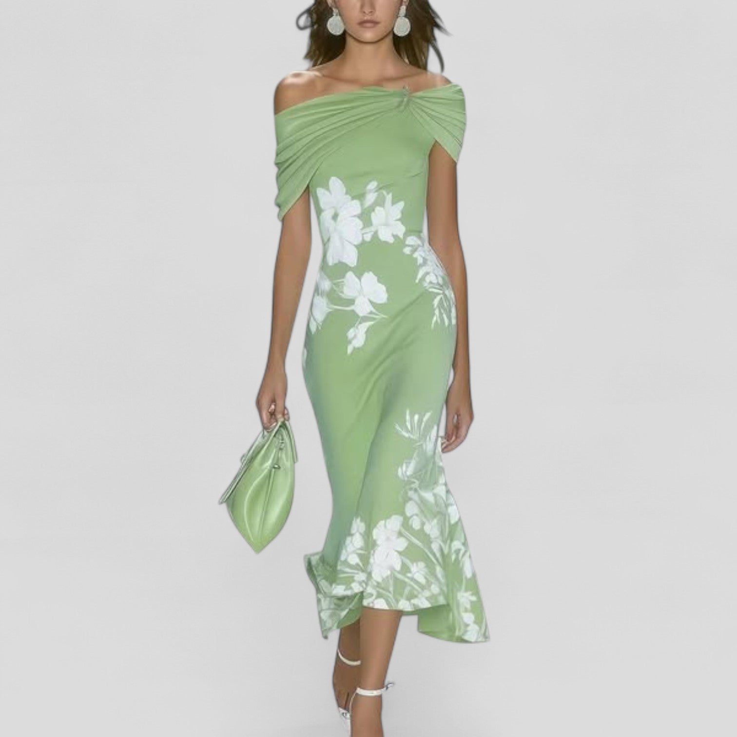 Sage green floral off-shoulder draped midi dress with white flower print for women