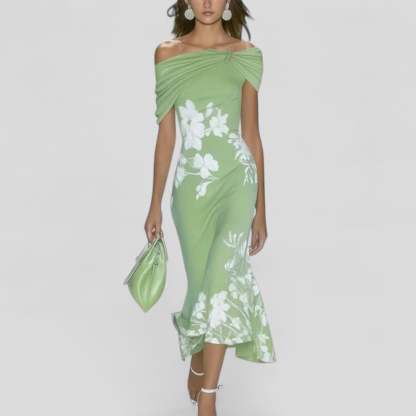 Sage green floral off-shoulder draped midi dress with white flower print for women