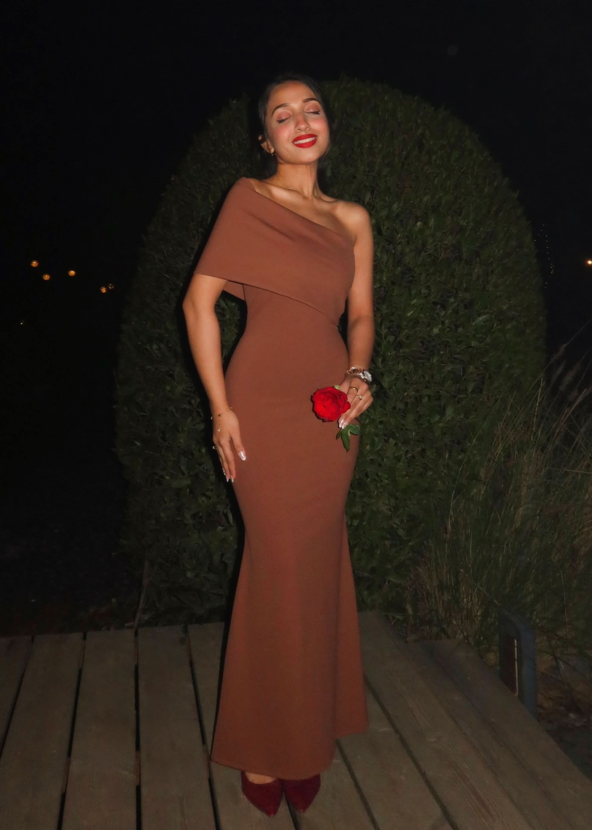 Terracotta fold-over maxi dress with off-shoulder design and flowing skirt