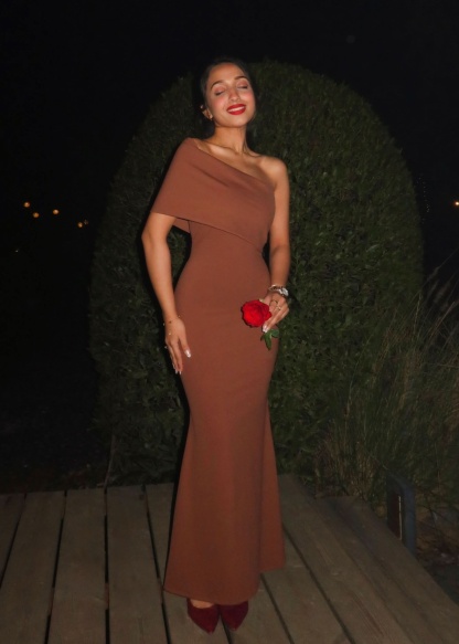 Terracotta fold-over maxi dress with off-shoulder design and flowing skirt