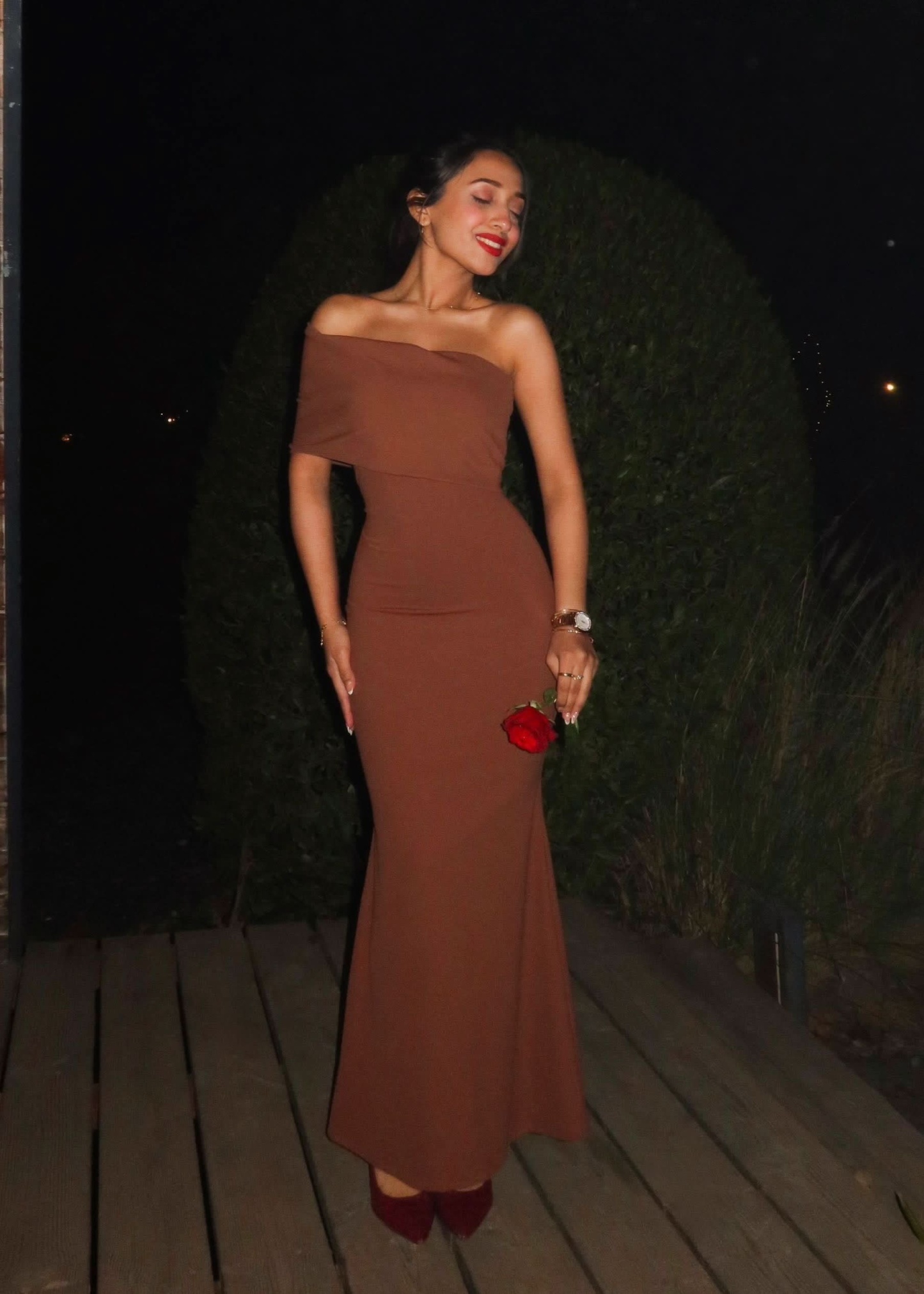Sienna maxi dress with asymmetrical fold-over neckline and sleek fitted waist