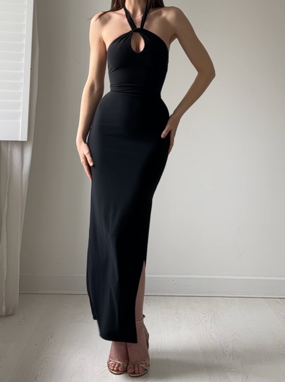 Black halter maxi dress with keyhole neckline and leg slit