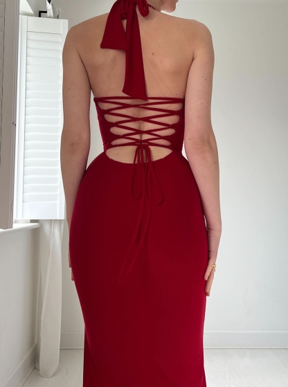 Red halter maxi dress back detail with crisscross lace-up straps
