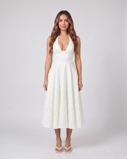 ivory floral jacquard halter midi dress front view with tonal floral jacquard relief