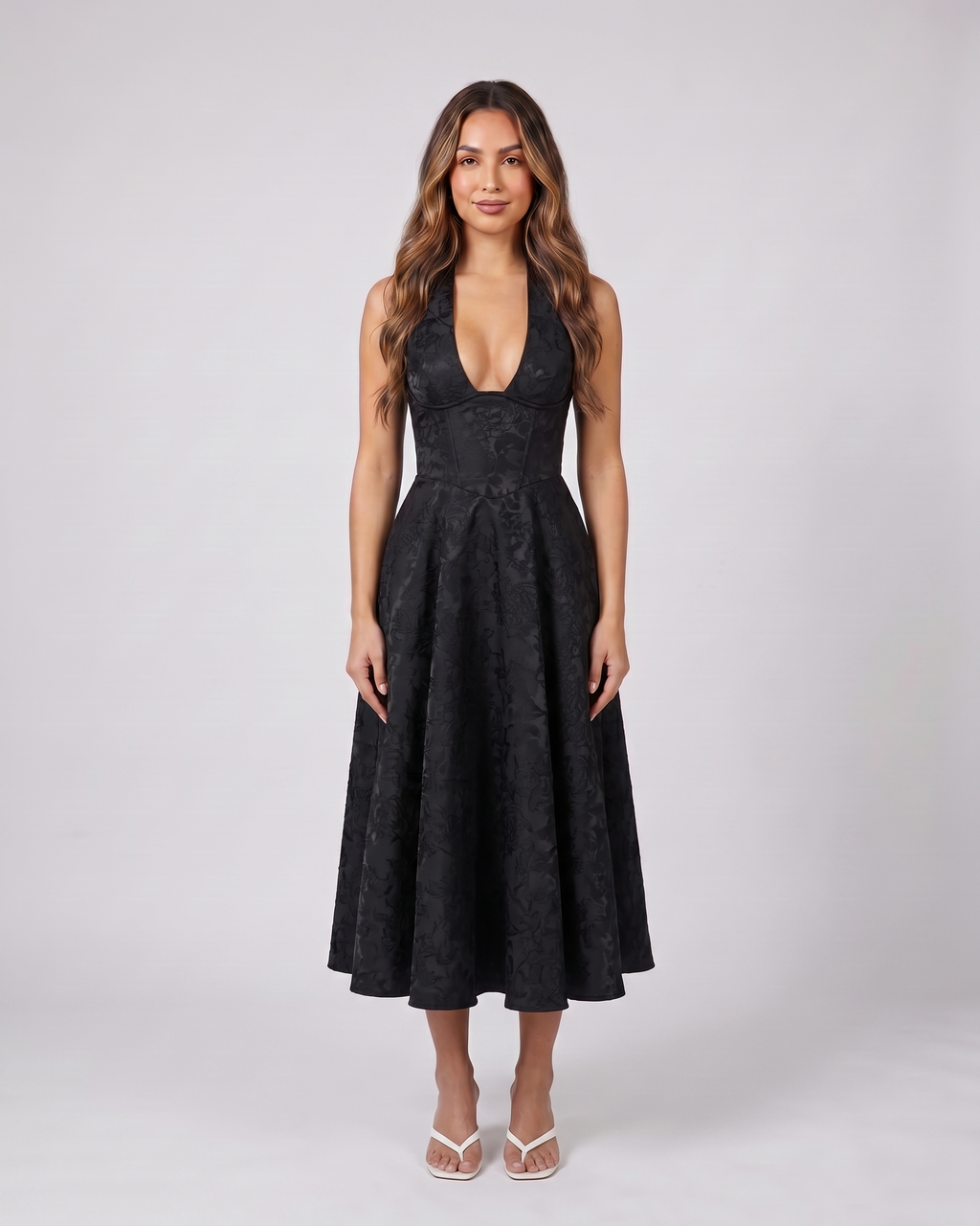 black floral jacquard halter midi dress front view with tonal floral jacquard relief