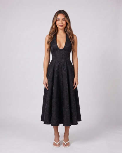 black floral jacquard halter midi dress front view with tonal floral jacquard relief
