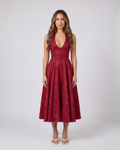 red floral jacquard halter midi dress front view with tonal floral jacquard relief