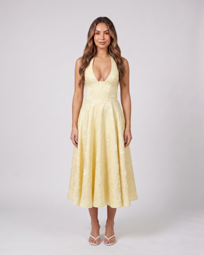 yellow floral jacquard halter midi dress front view with tonal floral jacquard relief