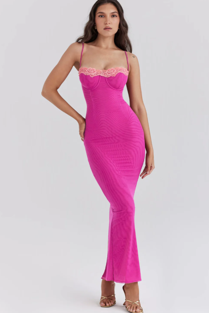 Magenta maxi dress with pink lace trim and spaghetti straps