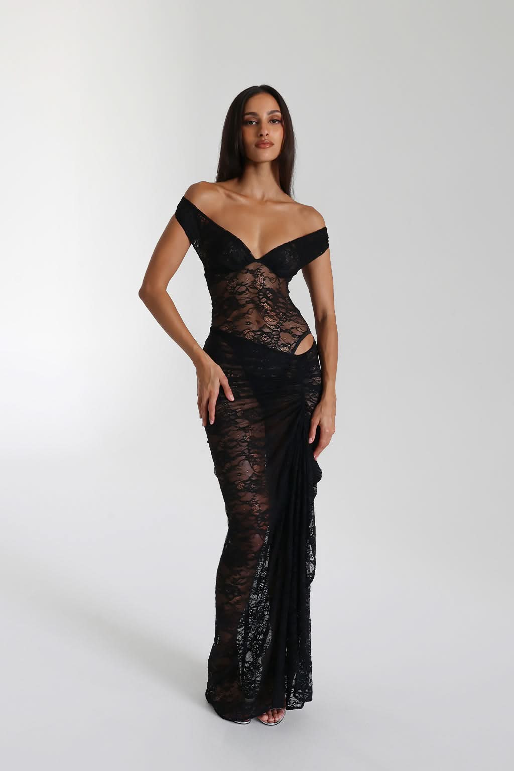 Black lace maxi dress with off-shoulder neckline and cutout waist detail