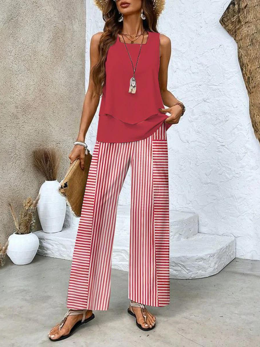 Red layered tank top with red and white striped wide-leg pants