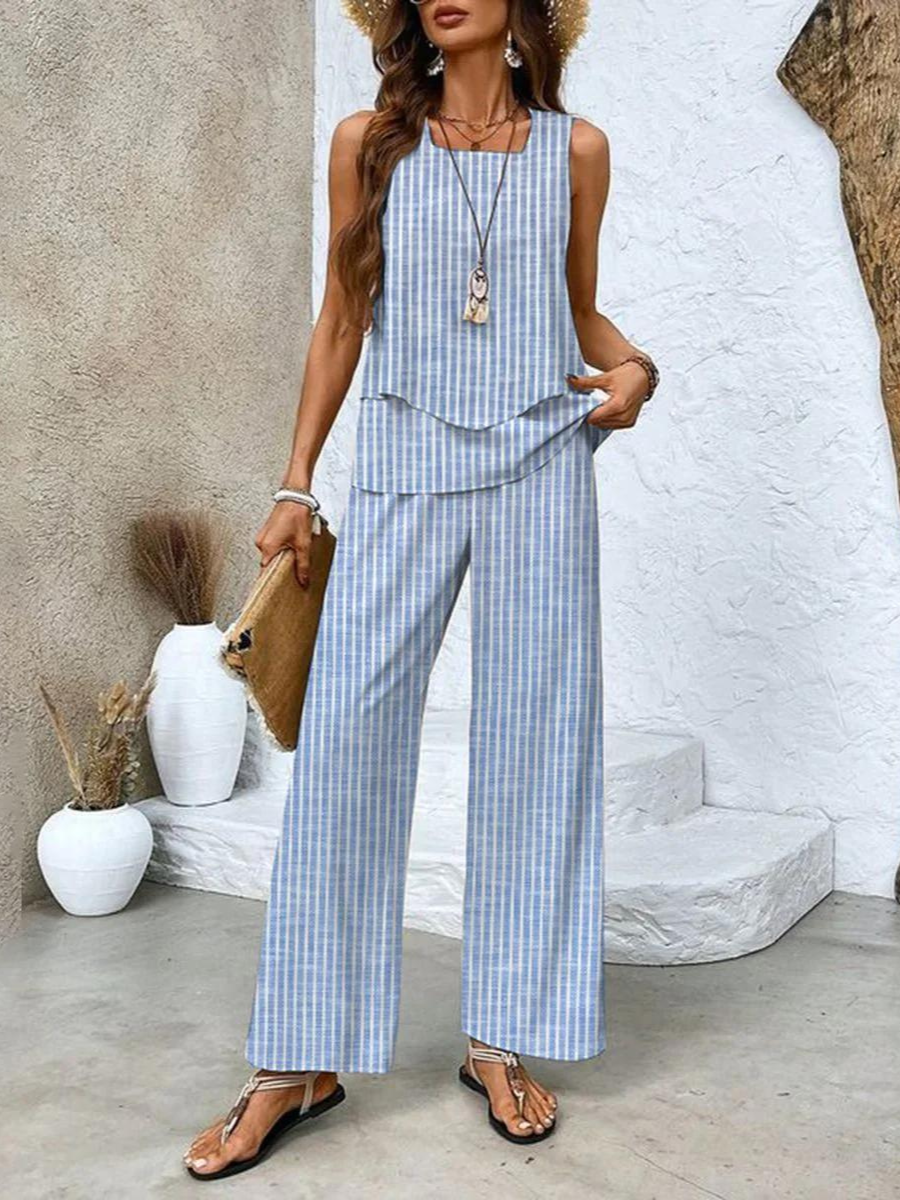 Blue and white striped sleeveless layered top with matching pants