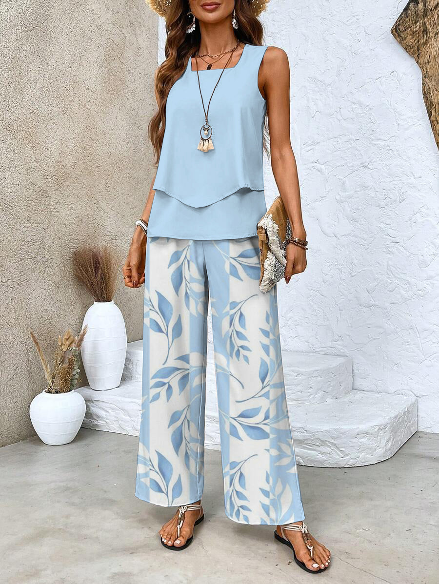 Light blue layered tank top with blue leaf print wide-leg pants