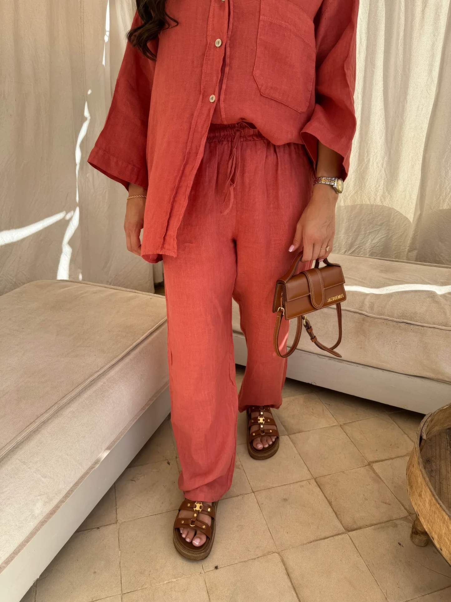 Coral linen pants with drawstring waist and oversized shirt