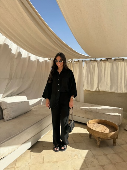 Black linen oversized shirt with matching straight-leg pants