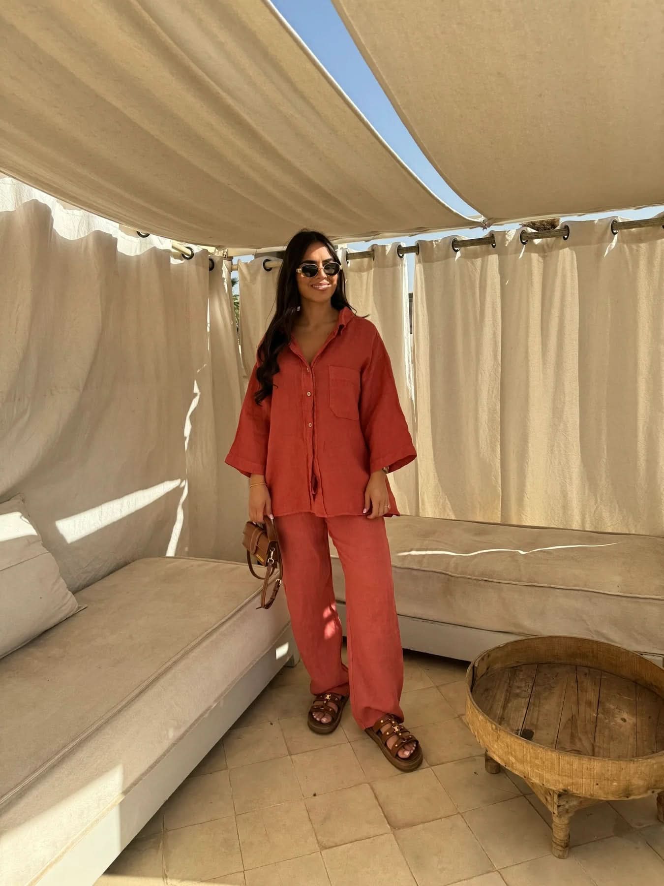 Rust red linen shirt and relaxed-fit pants set