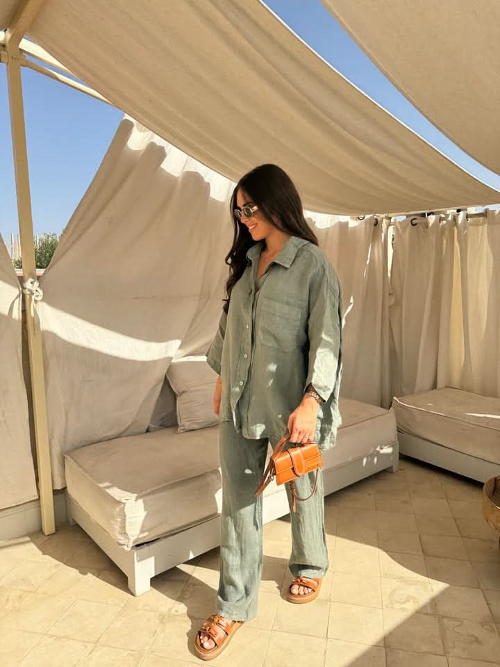 Sage green linen set back view showing relaxed fit