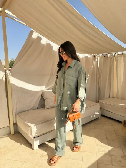 Sage green linen set back view showing relaxed fit