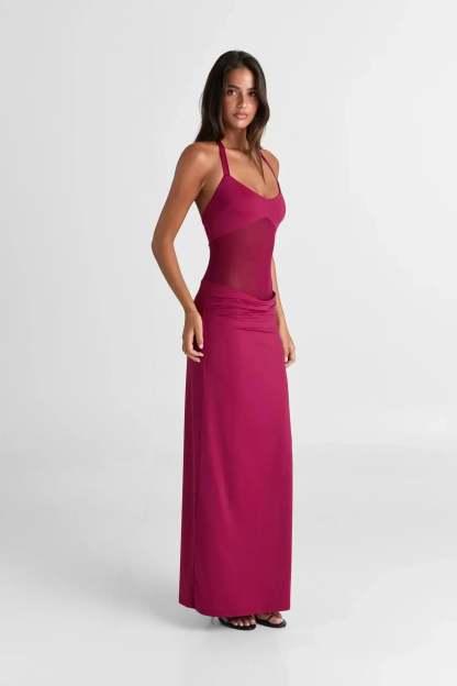 Magenta sleeveless maxi dress with sheer mesh bodice and gathered waist