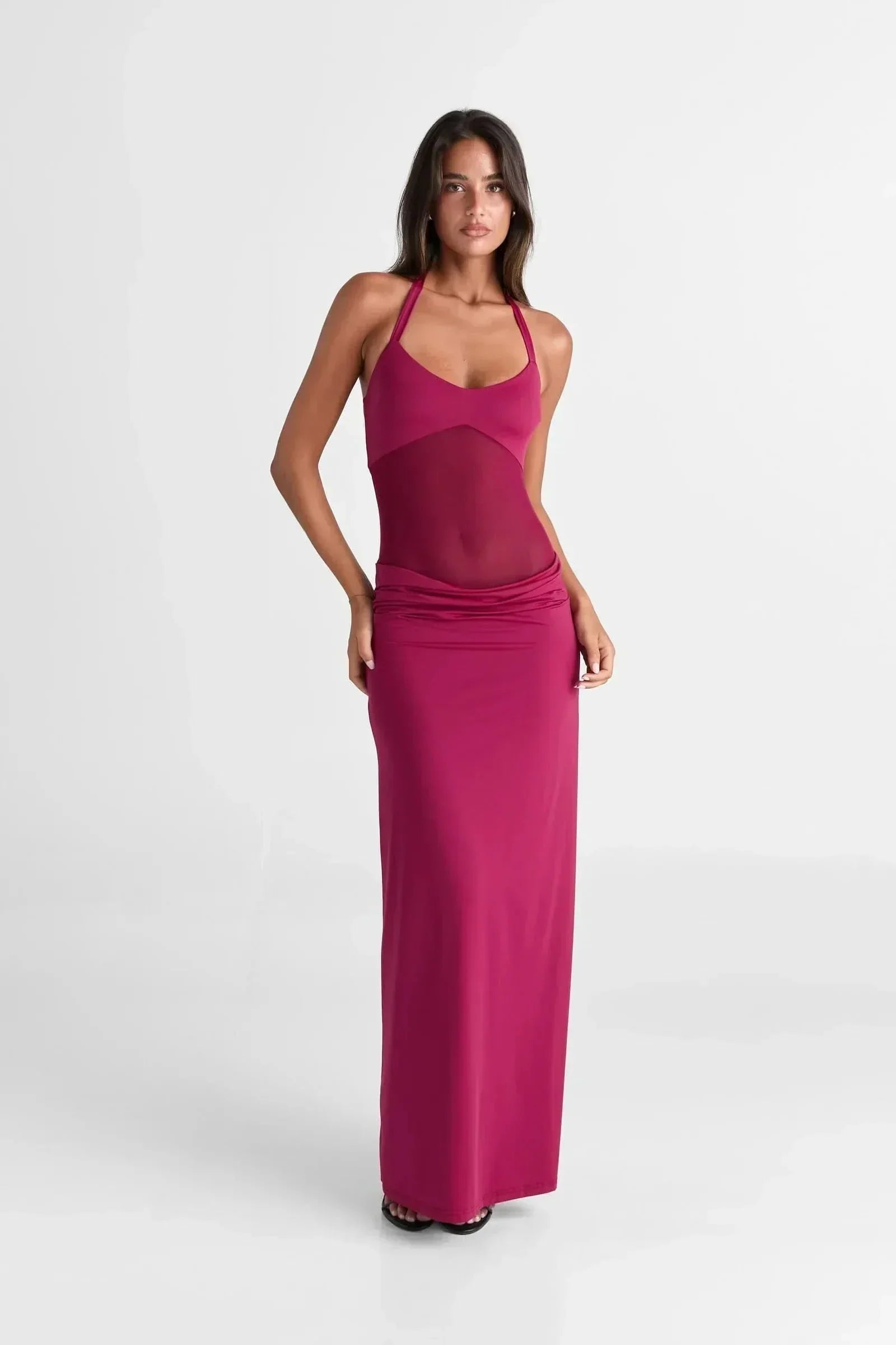 Magenta halter maxi dress with mesh panel and ruched waist detail