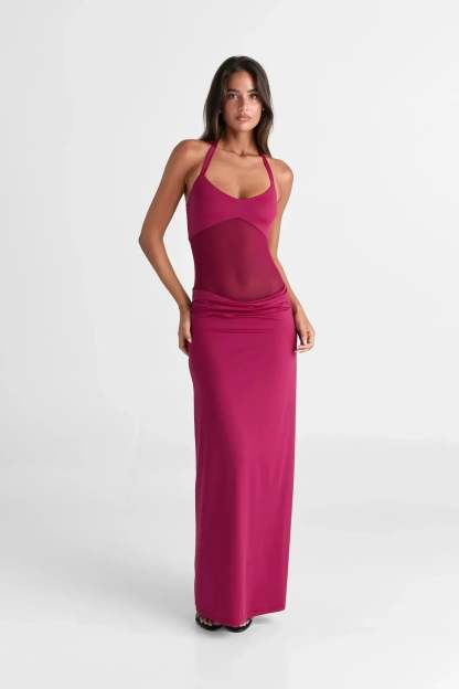 Magenta halter maxi dress with mesh panel and ruched waist detail