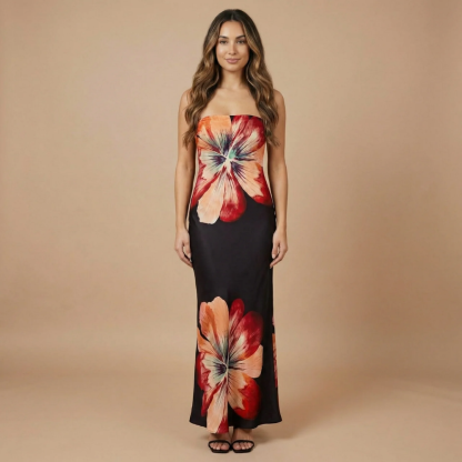 Black strapless formal maxi dress with vibrant placement floral print