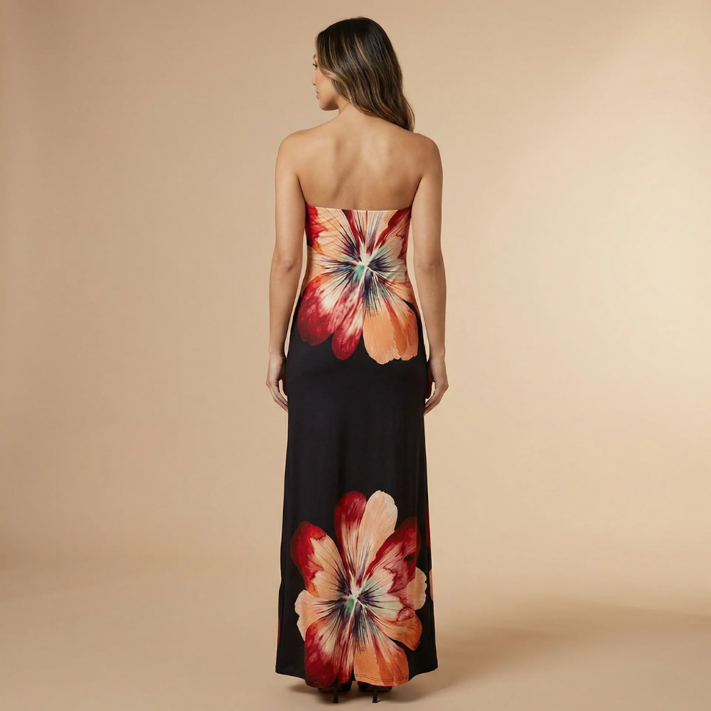Black bandeau maxi evening dress with red and peach placement flowers back view